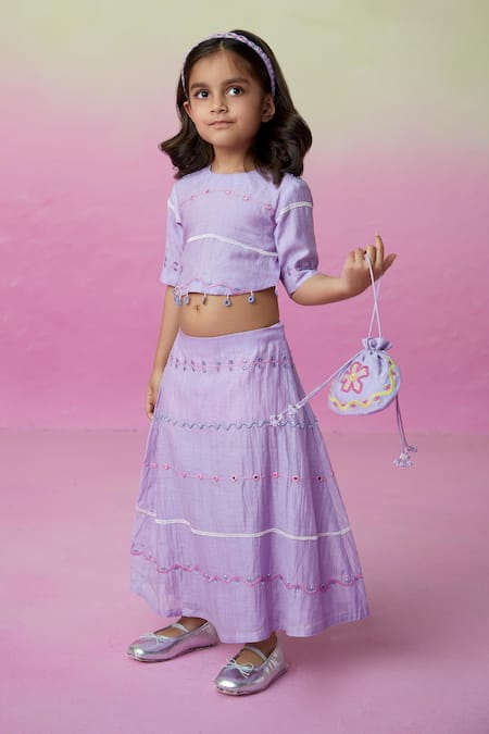 Shop_The Right Cut_Purple Chanderi Embroidery, Mirrors Lace Blouse And Lehenga Set _at_Aza_Fashions