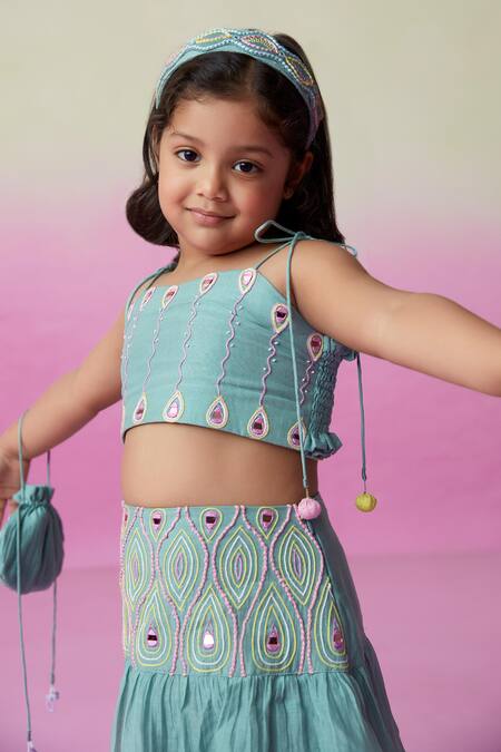 The Right Cut_Green Chanderi Mirrors, Embroidery Featherlight Cloud Blouse And Lehenga Set _Online_at_Aza_Fashions