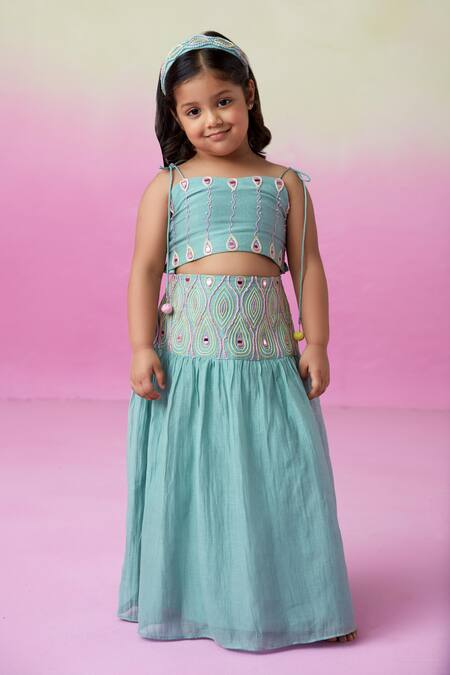 Shop_The Right Cut_Green Chanderi Mirrors, Embroidery Featherlight Cloud Blouse And Lehenga Set _Online_at_Aza_Fashions