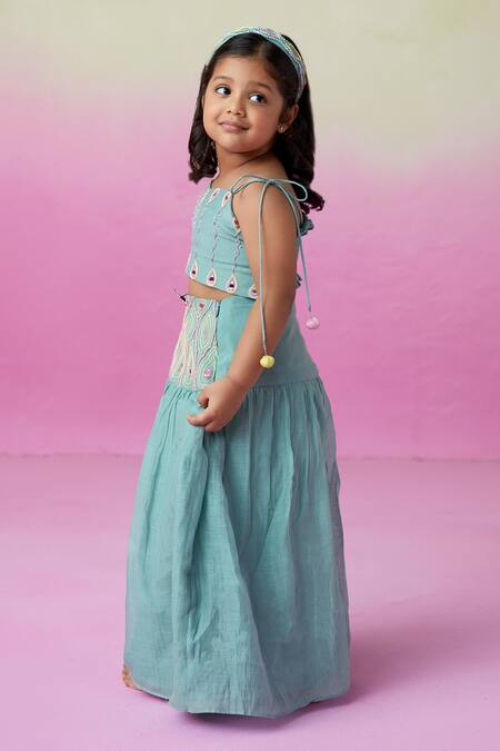 The Right Cut_Green Chanderi Mirrors, Embroidery Featherlight Cloud Blouse And Lehenga Set _at_Aza_Fashions