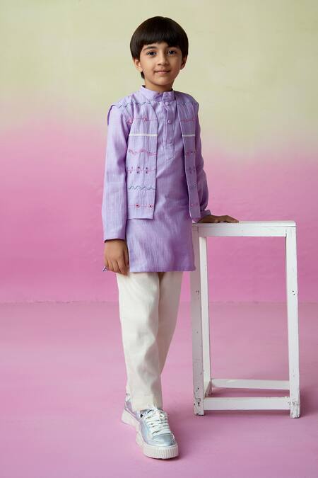 Buy_The Right Cut_Purple Chanderi, Cotton Embroidery, Mirrors Skies Nehru Jacket Set _Online_at_Aza_Fashions
