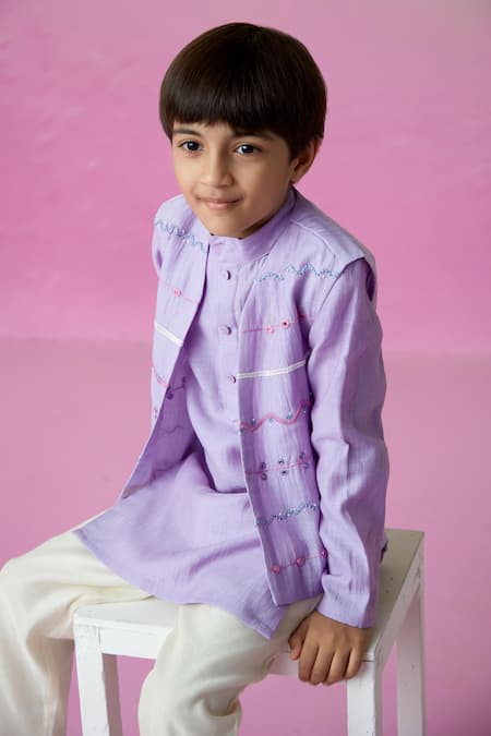 Shop_The Right Cut_Purple Chanderi, Cotton Embroidery, Mirrors Skies Nehru Jacket Set _Online_at_Aza_Fashions