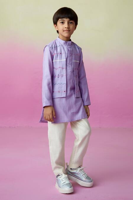 The Right Cut_Purple Chanderi, Cotton Embroidery, Mirrors Skies Nehru Jacket Set _at_Aza_Fashions