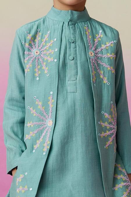 The Right Cut_Green Chanderi Mirrors, Embroidery Astronaut Dreamer Kurta And Pant Set _Online_at_Aza_Fashions