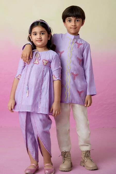 Buy_The Right Cut_Purple Chanderi Mirrors, Embroidery Pirate Adventure Kurta And Pant Set 