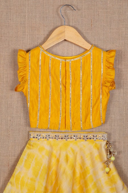 Minikin_Yellow , Satin Tassels, Gota Tie Dye Print Lehenga And Crop Top Set _Online_at_Aza_Fashions
