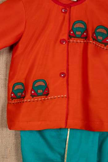 Minikin_Orange Cotton, Silk Embroidery Car Kurta And Dhoti Pant Set _Online_at_Aza_Fashions
