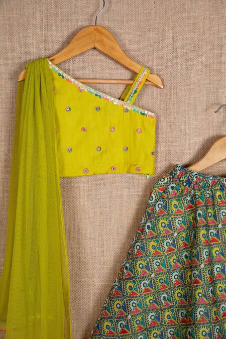 Minikin_Green Cotton, Silk, Taffeta Embroidery Geometric Print Lehenga Set _Online_at_Aza_Fashions