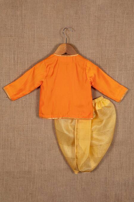 Shop Minikin Orange Cotton, Silk Gota Patti Work Angrakha And Dhoti Pant Set at Aza Fashions Shop_Minikin_Orange Cotton, Silk Gota Patti Work Angrakha And Dhoti Pant Set _at_Aza_Fashions