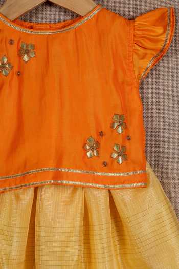 Buy_Minikin_Orange Cotton, Silk Gota Patti Work Top And Lehenga Set _Online_at_Aza_Fashions