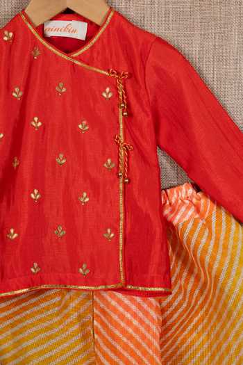 Minikin_Red , Satin Gota Patti, Tassels Work Angrakha And Dhoti Pant Set _Online_at_Aza_Fashions