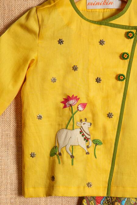 Buy_Minikin_Yellow Cotton, Silk Embroidery Pichwai Angrakha And Dhoti Pant Set _Online_at_Aza_Fashions