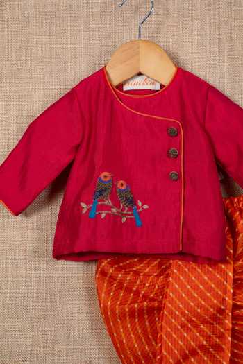 Buy_Minikin_Red Cotton, Silk Embroidery Kurta And Leheriya Pattern Dhoti Pant Set _Online_at_Aza_Fashions