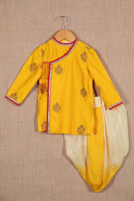 Minikin Yellow Silk Woven Zari Floral Kurta And Dhoti Pant Set 