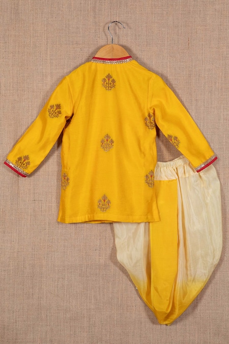 Shop Minikin Yellow Silk, Cotton Embroidery Floral Woven Kurta And Dhoti Pant Set at Aza Fashions Shop_Minikin_Yellow Silk, Cotton Embroidery Floral Woven Kurta And Dhoti Pant Set _at_Aza_Fashions