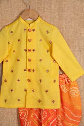 Buy_Minikin_Yellow Cotton, Silk Embroidery Kurta And Bandhej Print Dhoti Pant Set _Online_at_Aza_Fashions
