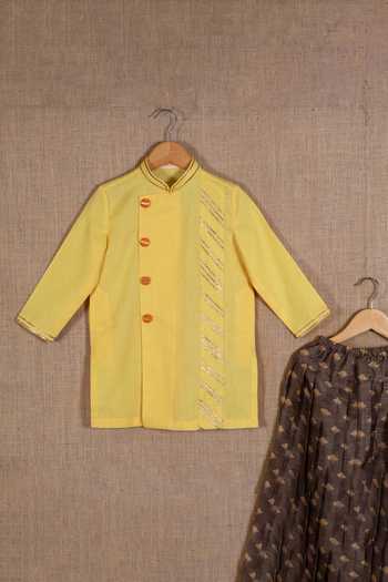 Buy_Minikin_Yellow Handloom Cotton, Linen Embroidery, Kurta And Floral Print Patiala Pant Set _Online_at_Aza_Fashions