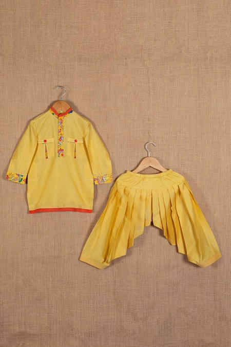 Minikin Yellow Cotton Silk Printed Floral Pathani Kurta And Patiala Pant Set 