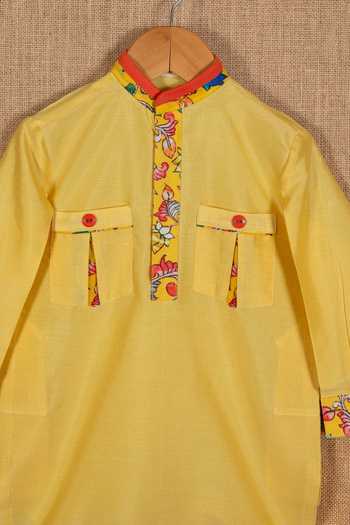 Buy_Minikin_Yellow Cotton, Silk Embroidery Pathani Kurta And Patiala Pant Set _Online_at_Aza_Fashions