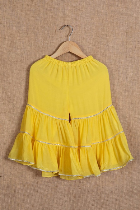 Minikin_Yellow Muslin, Cotton Embroidery, Gota Patti Peplum Top And Tiered Sharara Set _Online_at_Aza_Fashions