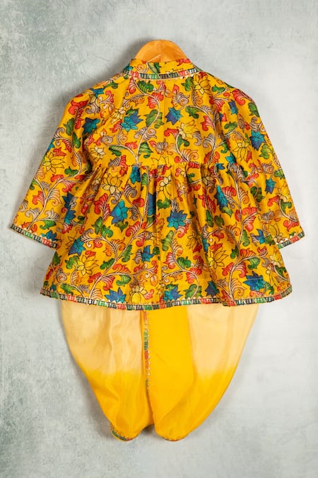 Shop Minikin Multi Color Chanderi Silk Embroidery Lotus Print Angrakha And Dhoti Pant Set at Aza Fashions Shop_Minikin_Multi Color Chanderi Silk Embroidery Lotus Print Angrakha And Dhoti Pant Set _at_Aza_Fashions