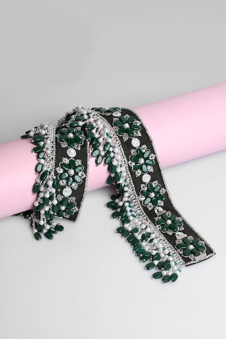 Buy Green Emerald Stones Silk Hand Embroidered Waist Belt by