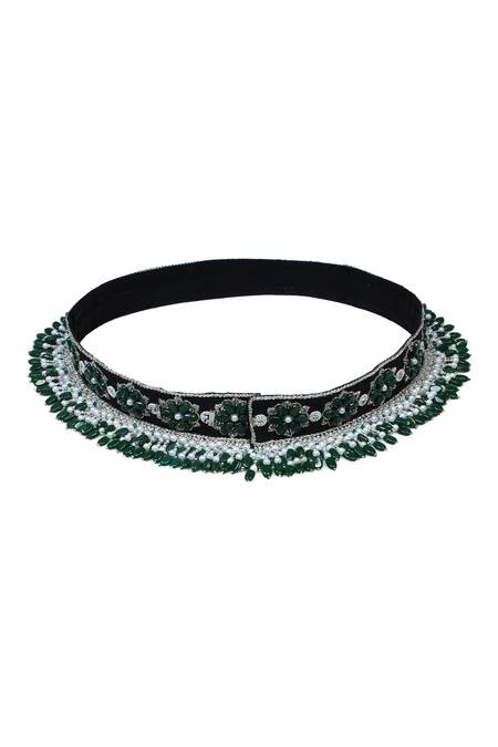 Shop_Modarta_Green Stones, Embroidery Silk Hand Waist Belt _Online_at_Aza_Fashions