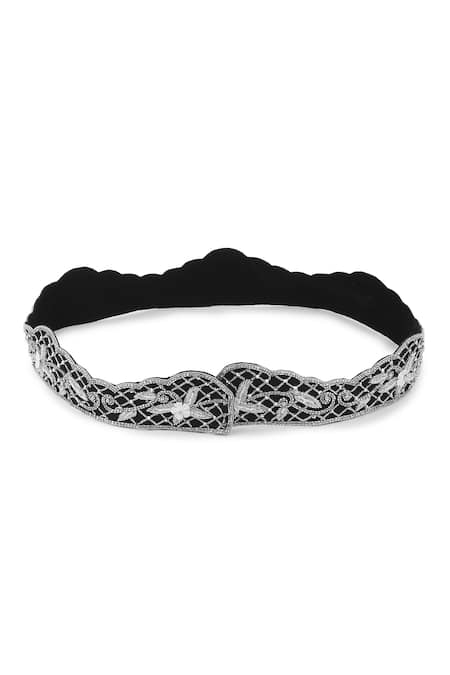 Shop Modarta Black Smocking, Embroidery Silk Floral Belt at Aza Fashions Shop_Modarta_Black Smocking, Embroidery Silk Floral Belt _at_Aza_Fashions