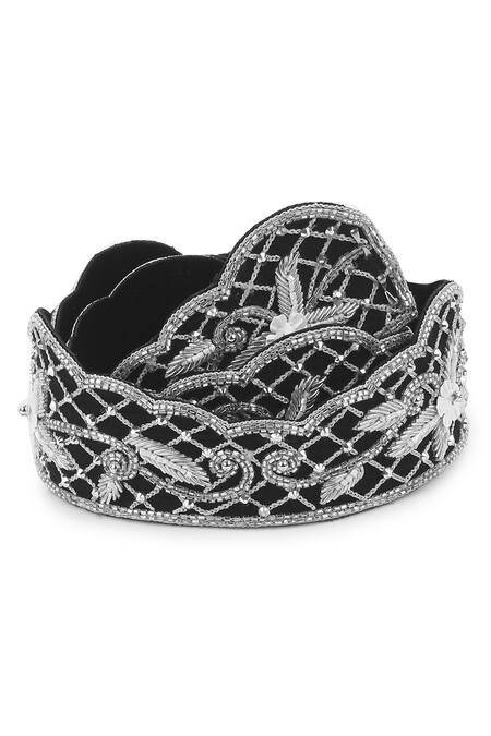 Modarta Black Smocking, Embroidery Silk Floral Belt Online at Aza Fashions Modarta_Black Smocking, Embroidery Silk Floral Belt _Online_at_Aza_Fashions