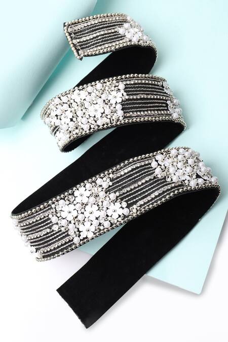 Modarta_Black Pearls, Stones Silk And Crystal Hand Embroidered Belt_Online_at_Aza_Fashions