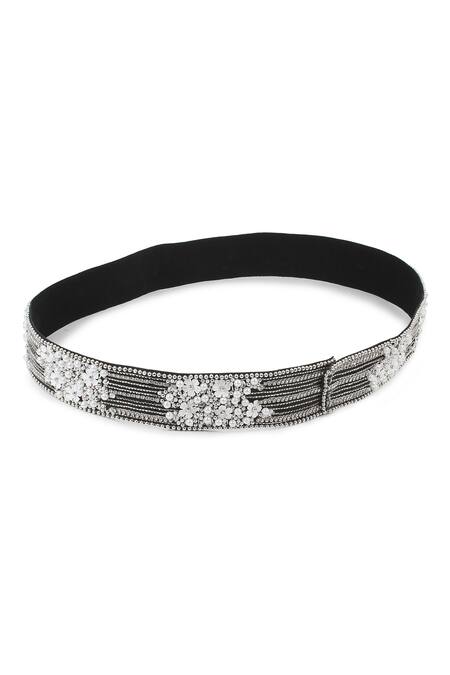 Shop_Modarta_Black Pearls, Stones Silk And Crystal Hand Embroidered Belt_Online_at_Aza_Fashions