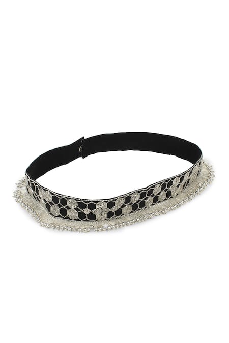 Shop_Modarta_Black Stones Honeycomb Pattern Hand Embroidered Belt_at_Aza_Fashions