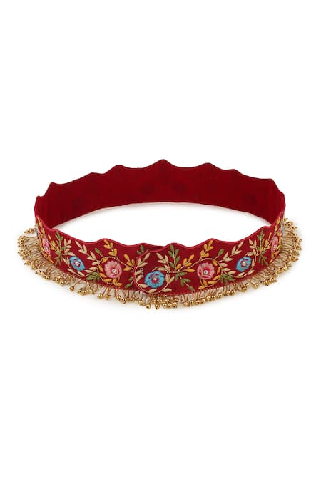 Shop_Modarta_Red Embroidery, Crystals Floral Hand Belt_at_Aza_Fashions