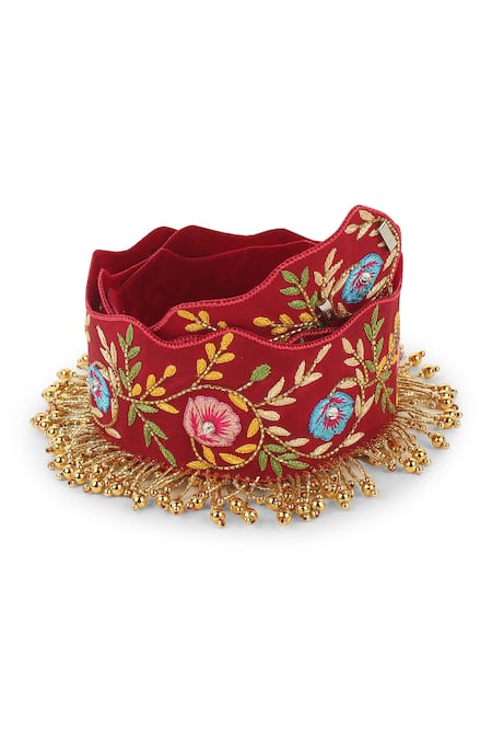 Modarta_Red Embroidery, Crystals Floral Hand Belt_Online_at_Aza_Fashions