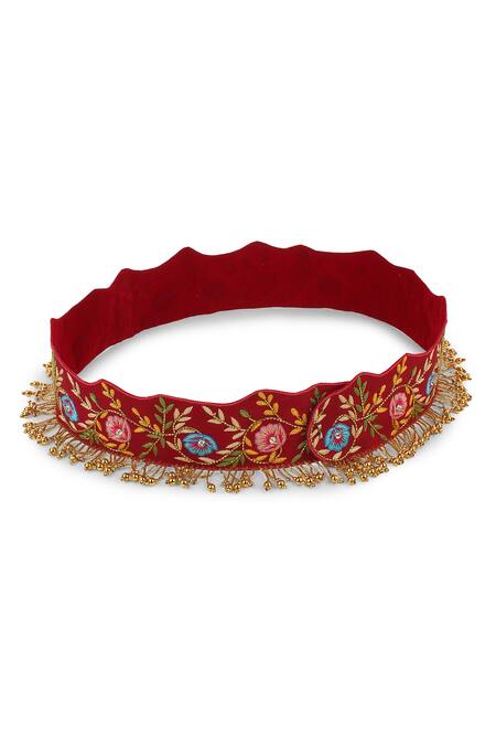 Buy_Modarta_Red Embroidery, Crystals Floral Hand Belt_Online_at_Aza_Fashions