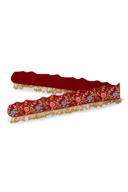 Shop_Modarta_Red Embroidery, Crystals Floral Hand Belt_Online_at_Aza_Fashions