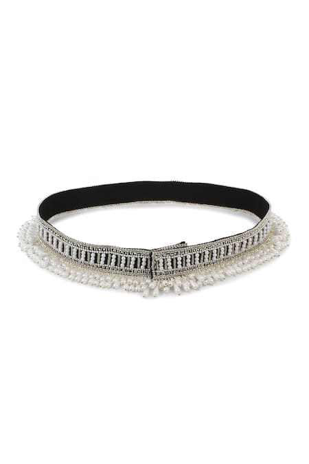 Shop_Modarta_White Smocking, Pearls Swarovski Crystal Embroidered Belt _at_Aza_Fashions