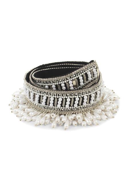 Modarta_White Smocking, Pearls Swarovski Crystal Embroidered Belt _Online_at_Aza_Fashions