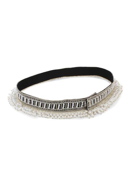 Buy_Modarta_White Smocking, Pearls Swarovski Crystal Embroidered Belt _Online_at_Aza_Fashions