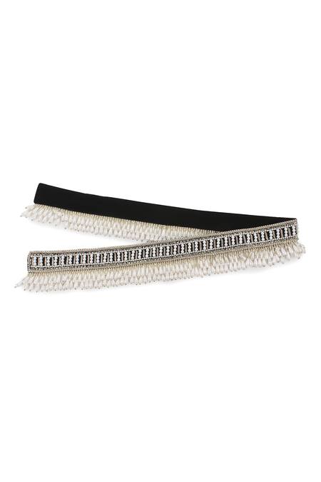 Shop_Modarta_White Smocking, Pearls Swarovski Crystal Embroidered Belt _Online_at_Aza_Fashions
