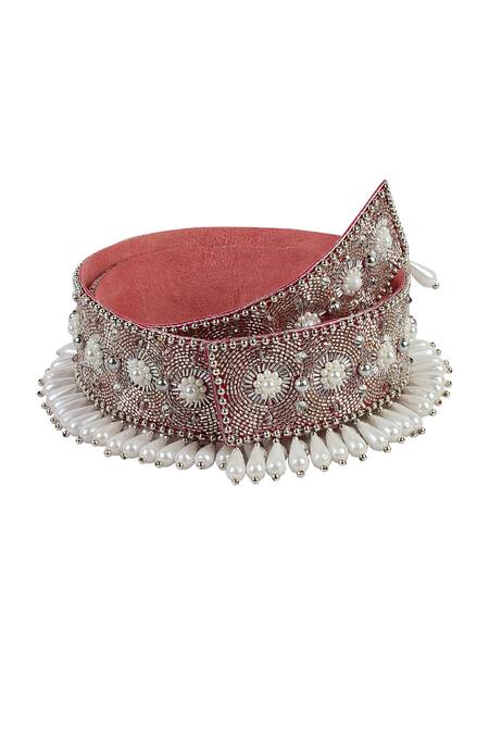 Modarta_White Smocking, Embroidery Swarovski Crystal And Pearl Belt _Online_at_Aza_Fashions