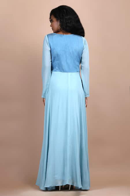 Shop Label Ivish Blue Silk, Georgette Embroidery Round Neck Placement Hand Dress at Aza Fashions Shop_Label Ivish_Blue Silk, Georgette Embroidery Round Neck Placement Hand Dress _at_Aza_Fashions