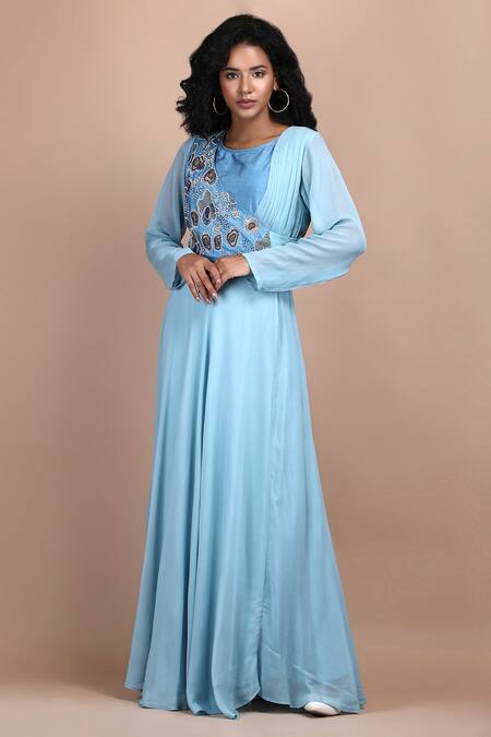 Label Ivish Blue Silk, Georgette Embroidery Round Neck Placement Hand Dress Online at Aza Fashions Label Ivish_Blue Silk, Georgette Embroidery Round Neck Placement Hand Dress _Online_at_Aza_Fashions