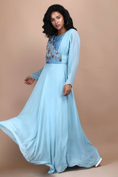 Buy Label Ivish Blue Silk, Georgette Embroidery Round Neck Placement Hand Dress Online at Aza Fashions Buy_Label Ivish_Blue Silk, Georgette Embroidery Round Neck Placement Hand Dress _Online_at_Aza_Fashions