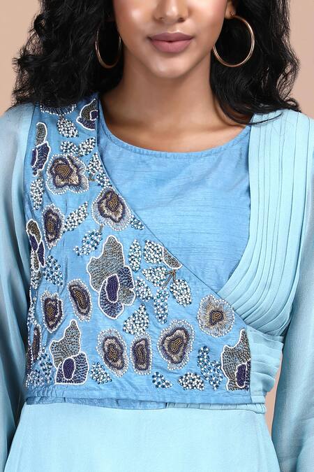 Label Ivish Blue Silk, Georgette Embroidery Round Neck Placement Hand Dress at Aza Fashions Label Ivish_Blue Silk, Georgette Embroidery Round Neck Placement Hand Dress _at_Aza_Fashions