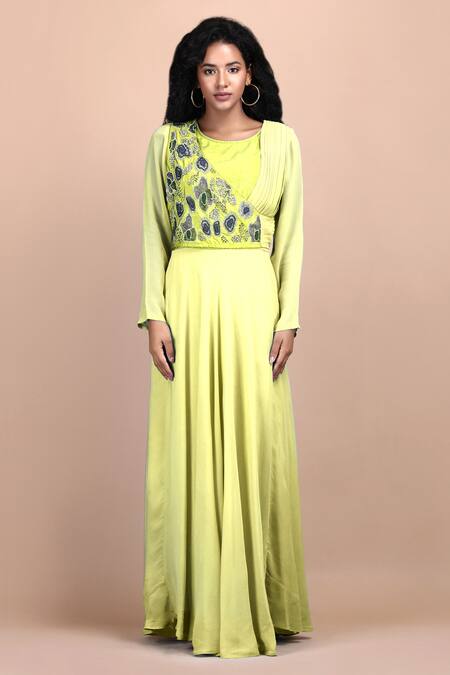 Label Ivish Yellow Silk, Georgette Embroidery California Poppy Placement Hand Long Dress Online at Aza Fashions Label Ivish_Yellow Silk, Georgette Embroidery California Poppy Placement Hand Long Dress _Online_at_Aza_Fashions