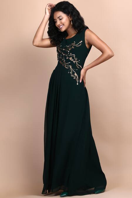 Label Ivish Green Silk, Georgette Embroidery Round Neck Angelica Floral Dress Online at Aza Fashions Label Ivish_Green Silk, Georgette Embroidery Round Neck Angelica Floral Dress _Online_at_Aza_Fashions