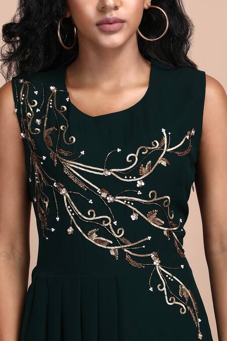 Shop Label Ivish Green Silk, Georgette Embroidery Round Neck Angelica Floral Dress Online at Aza Fashions Shop_Label Ivish_Green Silk, Georgette Embroidery Round Neck Angelica Floral Dress _Online_at_Aza_Fashions