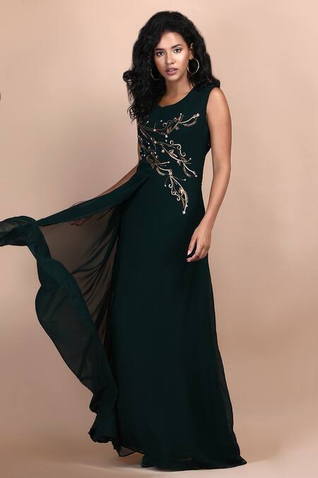 Label Ivish Green Silk, Georgette Embroidery Round Neck Angelica Floral Dress at Aza Fashions Label Ivish_Green Silk, Georgette Embroidery Round Neck Angelica Floral Dress _at_Aza_Fashions