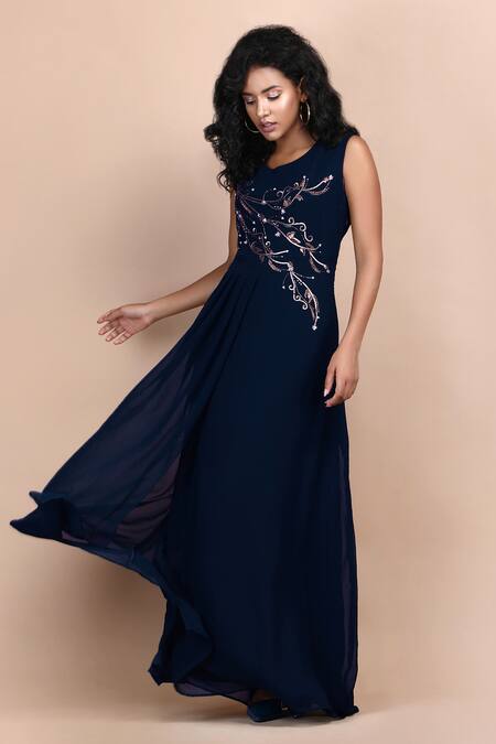 Shop_Label Ivish_Blue Silk, Georgette Embroidery Round Neck River Daisy Floral Dress _Online_at_Aza_Fashions